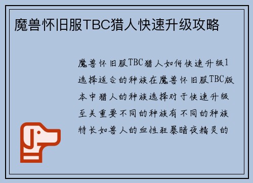 魔兽怀旧服TBC猎人快速升级攻略